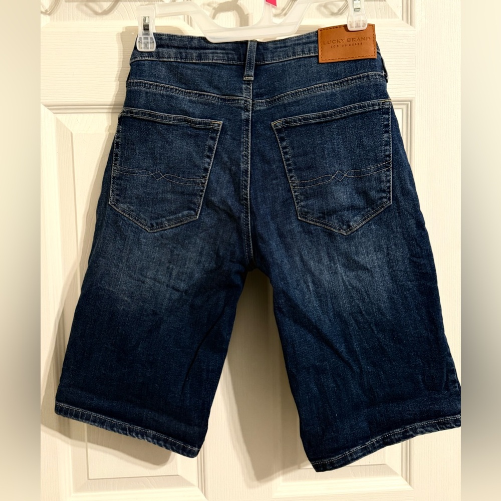 Lucky Brand Bermuda Jean Shorts | Dark Wash Denim w/ Tan Logo Patch - Picture 5 of 16